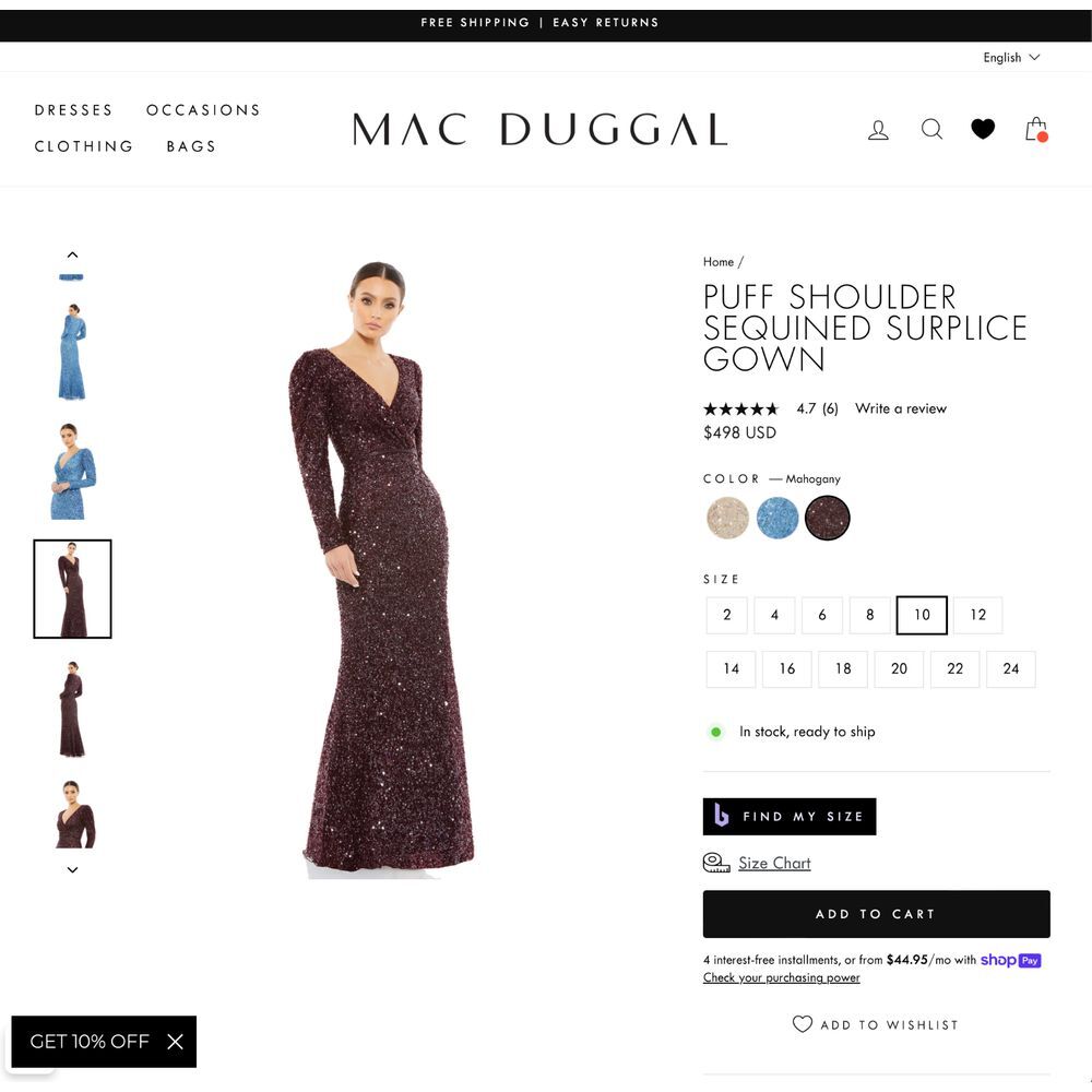 NWT Mac Duggal [ 10 ] V Neck Puff Shoulder Sequined Surplice Gown Mahogany J250‎ - Picture 3 of 15